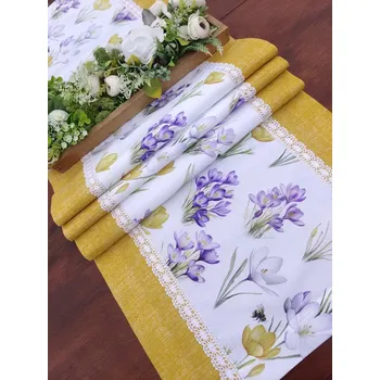 ubrus Běhoun - krokusy v kombinaci se žlutou v režném efektu