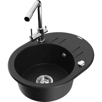 Granitový dřez Mexen Kevin granitový dřez 1-komorový s odkapávačem a kuchyňskou baterií Duero, černý - 6517-77-671600-00 Granitové dřezy s baterií