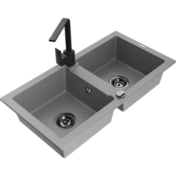 Granitový dřez Mexen Mario dřezový granitový 2-komorový s kuchyňskou baterií Rita, šedý - 6504-71-670300-70-B Granitové dřezy s baterií