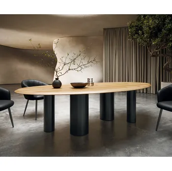 Jídelní stůl DELIFE Jídelní stůl Edge oválný 280x130x2,5 dub přírodní pilíř kov černý Flow-Edge