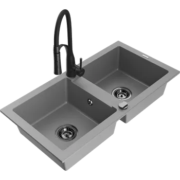 Granitový dřez Mexen Mario granitový dřez dvoukomorový s kuchyňskou baterií Aster, šedý - 6504-71-73450-70-B Granitové dřezy s baterií