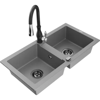 Granitový dřez Mexen Mario dřez granitový 2-komorový s kuchyňskou baterií Savita, šedý - 6504-71-672601-70-B Granitové dřezy s baterií