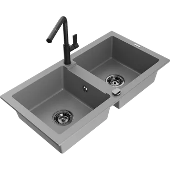 Granitový dřez Mexen Mario granitový dřez 2-komorový s kuchyňskou baterií Flora, šedý - 6504-71-670401-70-B Granitové dřezy s baterií