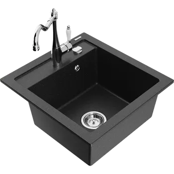 Granitový dřez Mexen Vito granitový dřez 1-komorový s kuchyňskou baterií Carla, černý/stříbrný metalik - 6503-73-670700-00 Granitové dřezy s baterií