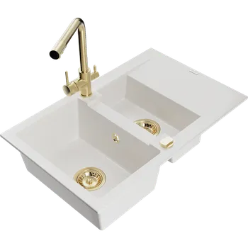 Granitový dřez Mexen Gaspar žulový dřez 1,5-komorový s odkapávačem a kuchyňskou baterií Duero, bílý - 6507-20-671600-50 Granitové dřezy s baterií