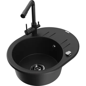 Granitový dřez Mexen Kevin granitový dřez 1-komorový s odkapávačem a kuchyňskou baterií Duero, černý - 6517-77-671600-70-B Granitové dřezy s baterií