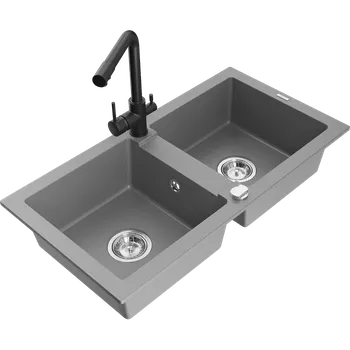 Granitový dřez Mexen Mario granitový dřez 2-komorový s kuchyňskou baterií Duero, šedý - 6504-71-671600-70 Granitové dřezy s baterií