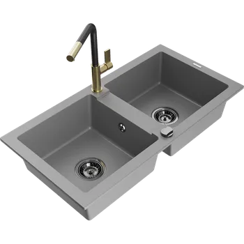 Granitový dřez Mexen Mario dřez žulový dvoukomorový s kuchyňskou baterií Flora, šedý - 6504-71-670401-57-B Granitové dřezy s baterií