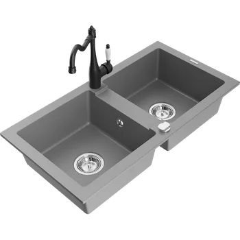 Granitový dřez Mexen Mario dvoukomorový granitový dřez s kuchyňskou baterií Carla, šedý - 6504-71-670700-70 Granitové dřezy s baterií