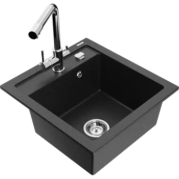 Granitový dřez Mexen Vito granitový dřez 1-komorový s kuchyňskou baterií Duero, černý/stříbrný metalik - 6503-73-671600-00 Granitové dřezy s baterií