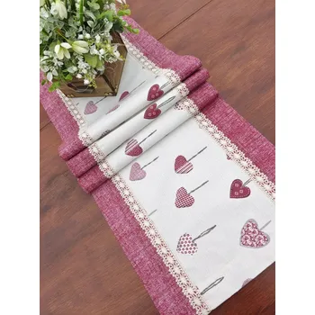 ubrus Běhoun - vínová srdce na režné v kombinaci s vínovou