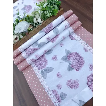 ubrus Běhoun - růžové hortenzie v kombinaci s růžovým puntíkem na šedé