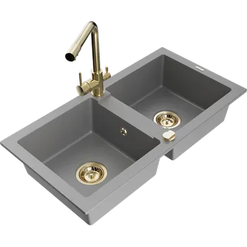Granitový dřez Mexen Mario žulový dřez 2-komorový s kuchyňskou baterií Duero, šedý - 6504-71-671600-50 Granitové dřezy s baterií