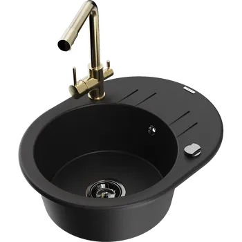 Granitový dřez Mexen Kevin granitový dřez s 1 komorou, odkapávačkou a kuchyňskou baterií Duero, černý - 6517-77-671600-50-B Granitové dřezy s baterií