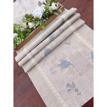 ubrus Běhoun - modré růžičky a dopisy na režné