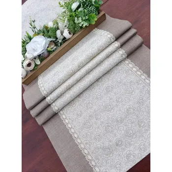 ubrus Běhoun - růžičky na béžové lemované kávovou