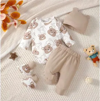 Kojenecká souprava 4-dílný kojenecký set - body, kalhoty, čepička a ponožky - medvídek Velikost: 6-9 měsíců