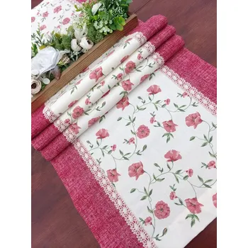 ubrus Běhoun - vlčí máky na smetanové v kombinaci s červenou v režném efektu