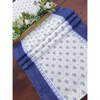 ubrus Běhoun - folklórní kytičky lemované modrou v režném efektu