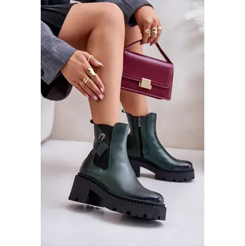 Dámské kozačky Zazoo 60490 Kožené Zateplené Boty S Dekorací Barva: Zelená, Velikost: 38