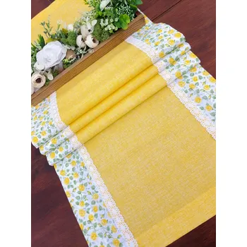 ubrus Běhoun - žlutá v režném efektu lemovaná žlutými růžičkami