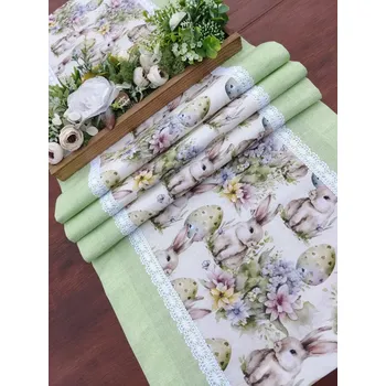 ubrus Běhoun velikonoční - zajíčci v pastelových tónech v kombinaci se světle zelenou