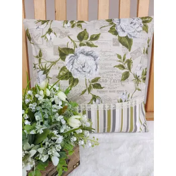 Povlak na dekorativní polštářek Povlak na polštář 40 x 40 cm – Vintage růže s šedozelenými pruhy | Ruční výroba z bavlny