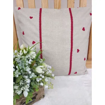 Povlak na dekorativní polštářek Povlak na polštář 40 x 40 cm – Červená srdce s červenou krajkou II.| Ruční výroba z bavlny