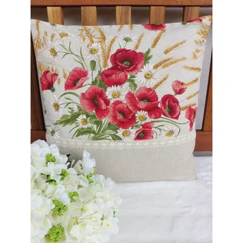 Povlak na dekorativní polštářek Povlak na polštář - vlčí máky a obilí s krajkou