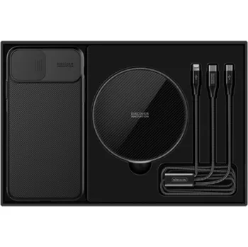 Pouzdro na mobilní telefon NILLKIN 3v1 dárková sada s ochranným krytem, bezdrátovou nabíječkou a kabelem pro iPhone 11 Pro Max - černá