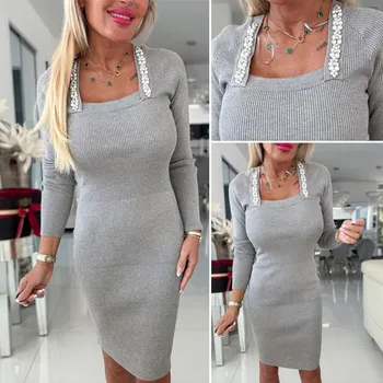 Dámské šaty Žebrované šaty s korálky šedé Velikost: UNI: XS - M