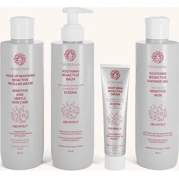 EPIDERMA Bioaktivní kosmetika CBD balzám při ekzému 300 ml + CBD krém při ekzému 50 ml + CBD sprchový gel při ekzému 300 ml + CBD micelární odličovací voda 300 ml sada