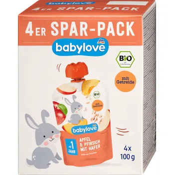 babylove bio příkrm v sáčku jablko, broskev & oves 4x100g