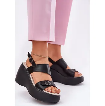 Dámské sandále Kožené Dámské Sandály Na Klínku A Platformě S.Barski LR51-540 Barva: Černá, Velikost: 38