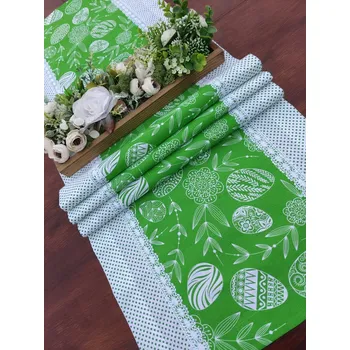 ubrus Běhoun - bílá vajíčka na zelené v kombinaci s puntíkem