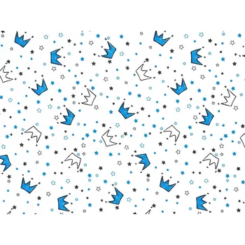 Mirtex Látka bavlněný úplet s potiskem korunek a hvězdiček bílá šířka 196 cm