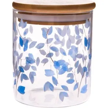 Dóza na potraviny Skleněná dóza s bambusovým víčkem - modré květy, 440ml