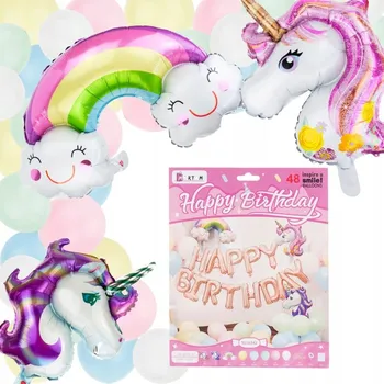 PASTELOVÁ BALÓNKOVÁ GIRLANDA JEDNOROŽCI DUHA NÁPIS HAPPY BIRTHDAY NAROZENINY