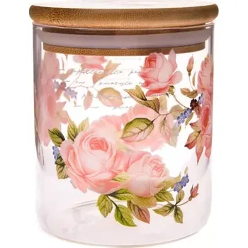 Dóza na potraviny Skleněná dóza s bambusovým víčkem - růže, 440ml