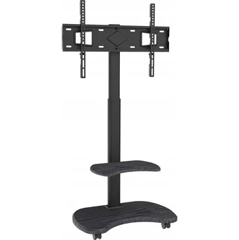 Televizní držák ČERNÝ STOJAN / PODSTAVEC POD TELEVIZOR S KOLEČKY, 2 DŘEVĚNÉ POLICE, 32-70", NOSNOST 45 KG, ROBUSTNÍ