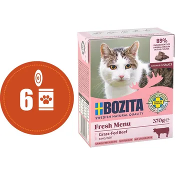 Krmivo pro kočku Bozita Fresh Menu kousky v omáčce s HOVĚZÍM MULTIPACK - konzerva pro kočky 6x370 g + mistička s kuřecími prsíčky ZDARMA