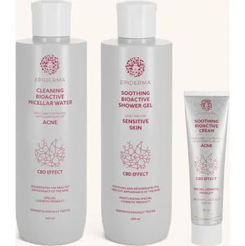 EPIDERMA® Bioaktivní micelární voda při akné 300 ml + krém při ekzému 50 ml + CBD sprchový gel 300 ml + krém při akné 30 ml sada