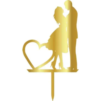 Svatební dekorace Cesil plastový zápich do dortu zlatý Novomanželé se srdíčkem