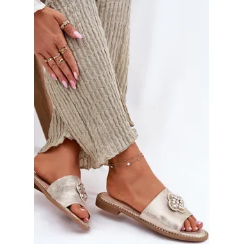 Dámské pantofle Dámské Pantofle Na Plochém Podpatku S Ozdobným Detalem S.Barski KV51-087 Barva: Zlatá, Velikost: 36