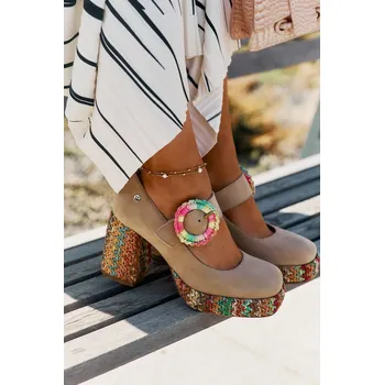 Dámské lodičky Semišové Čerpadla S Pletením Na Podpatku A Platformě 06839-04 Maciejka Barva: Béžová, Velikost: 37