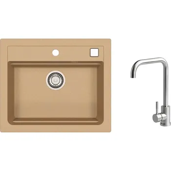 Granitový dřez SET ALVEUS ATROX 30/55 + BATERIE ANGEL - obdélníkový granitový béžový dřez 590x500x200 mm v setu s baterií