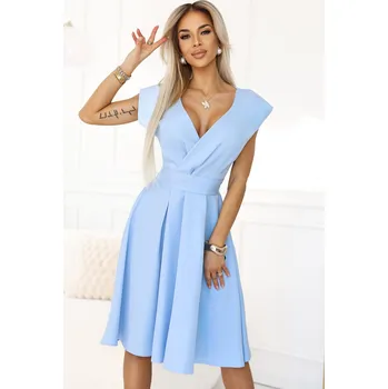 Dámské šaty 348-12 SCARLETT - Rozšířené midi šaty s obálkovým výstřihem a páskem - MODRÉ L