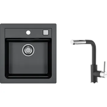 Granitový dřez SET ALVEUS ATROX 20/91 + BATERIE SIROS 91 - obdélníkový granitový černý dřez 470x500x200 mm v setu s baterií