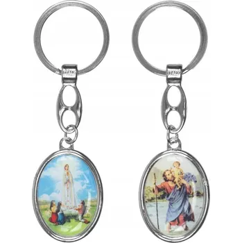 PŘÍVĚSEK NA KLÍČE kovová se Svatým Kryštofem a Pannou Marií Fatimskou.