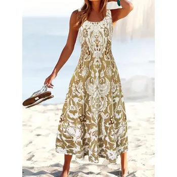 Dámské šaty Dlouhé letní šaty se vzorem Barva: Hnědá, Velikostní tabulka: XXL